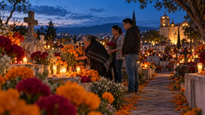 family remembrance beside a marigold-covered grave during Día de Muertos, illuminated by candles at blue hour.