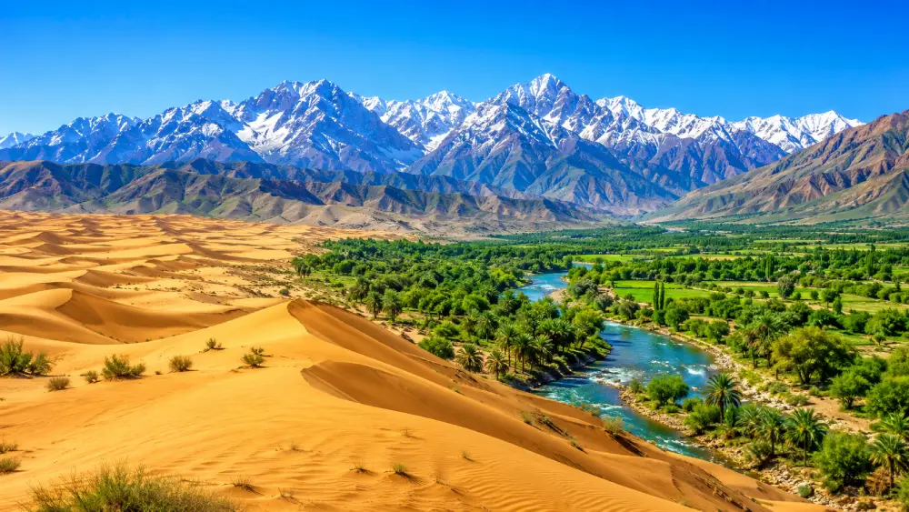 Highlighting Uzbekistan's geographical diversity, the landscape is bright and colorful, stretching from sunny golden deserts in the foreground to snow-capped mountains in the background.