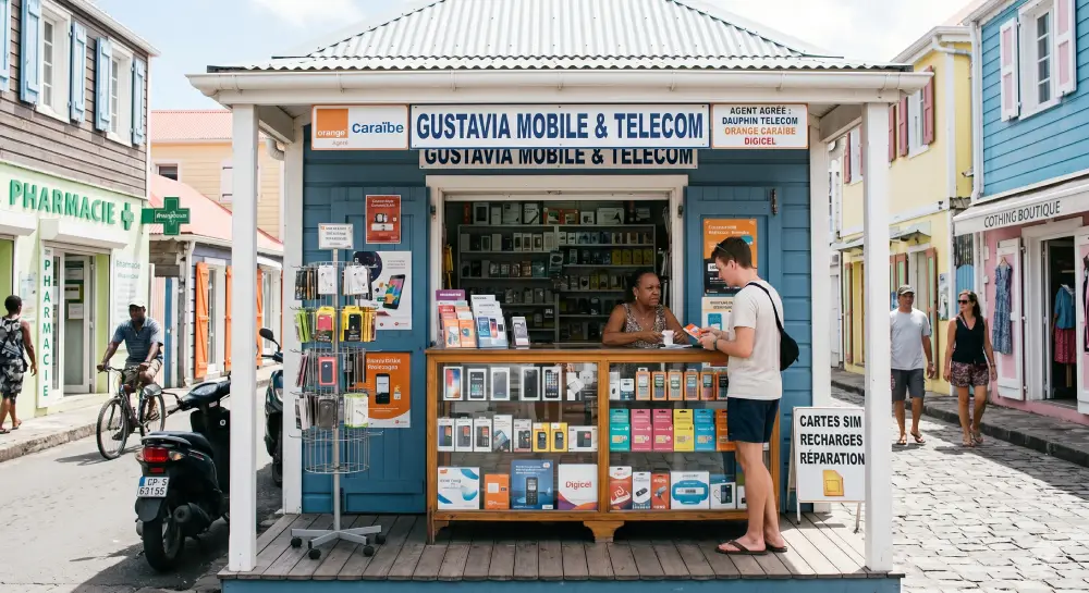 Cena autêntica de loja de telecomunicações local em Saint Barth&eacute;lemy mostrando uma vitrine realista de operadora móvel ou ponto de venda de SIM.