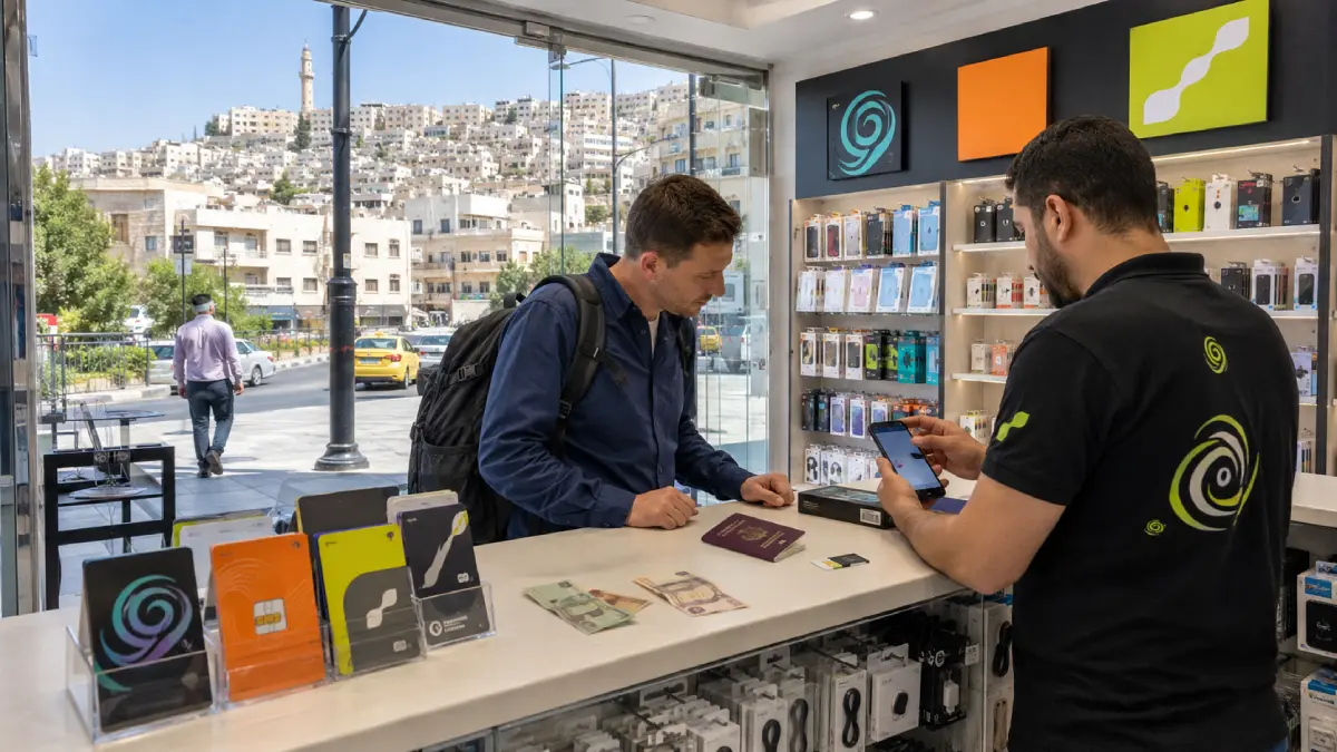 Buying a local prepaid SIM card in Jordan from a mobile operator shop.