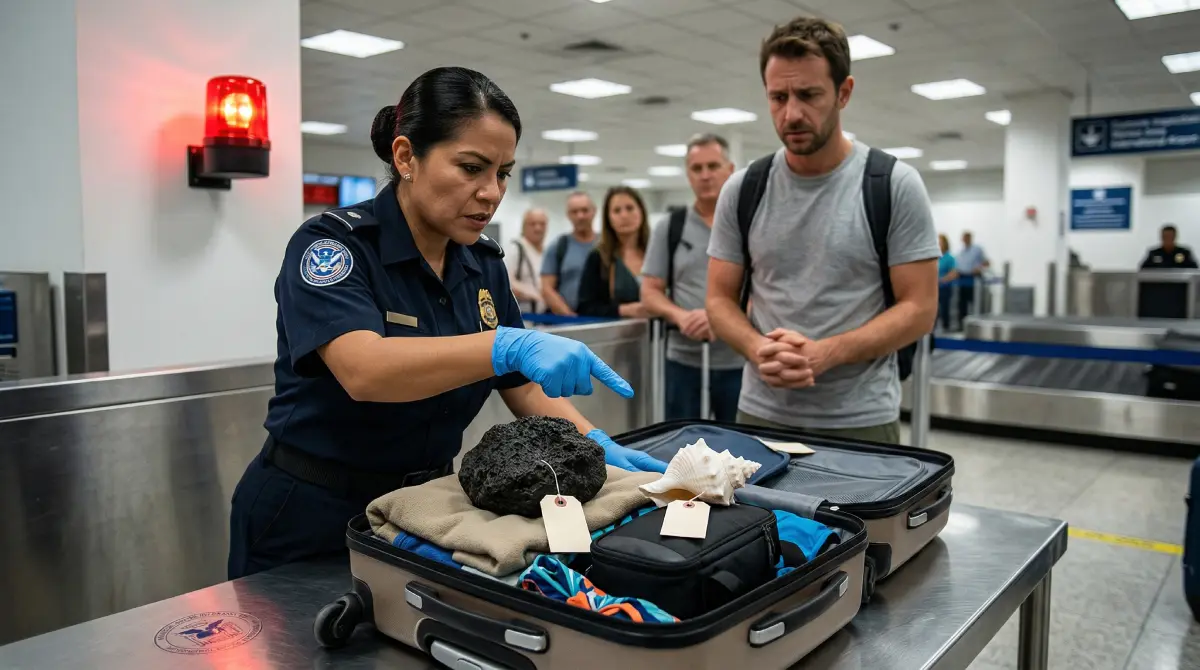 Un oficial de aduanas ecuatoriano inspeccionando la maleta de un turista y encontrando souvenirs naturales tomados ilegalmente como conchas y piedras.