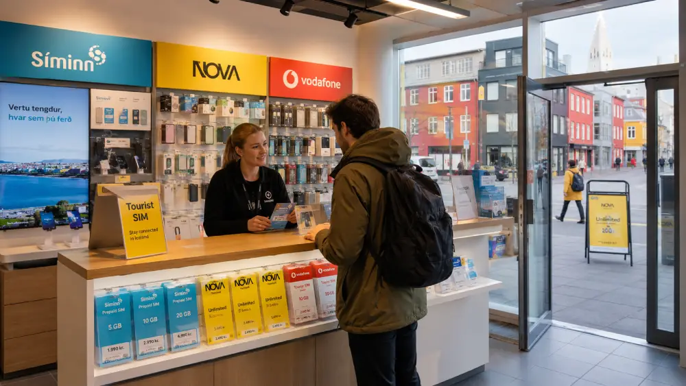 A traveler visiting a mobile operator store in Reykjavík to buy a local Icelandic SIM card.