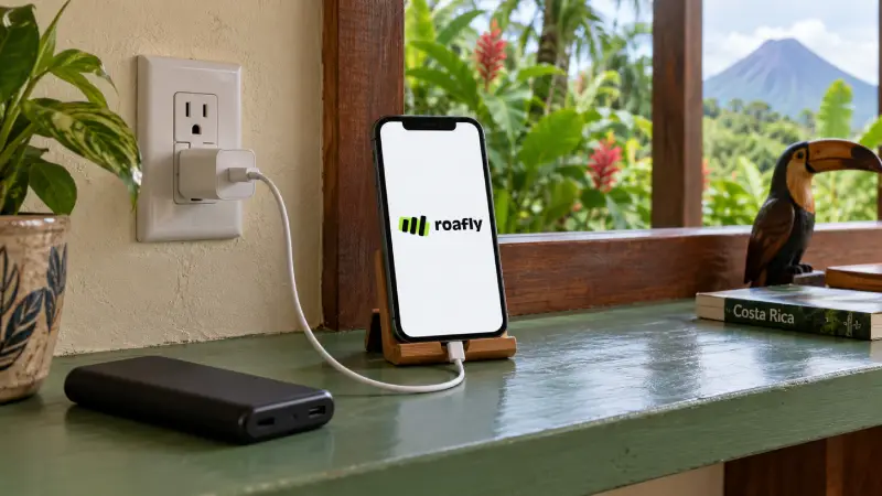 A phone displaying the Roafly logo charges from a Type B outlet, with a disconnected power bank beside it.