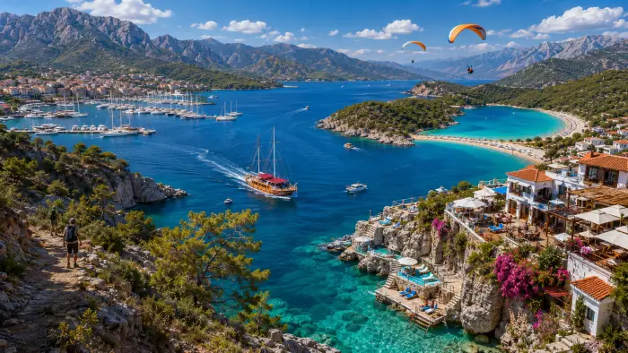 Fethiye marina, Ölüdeniz Blue Lagoon, paragliders, coastal mountains, and the whitewashed town of Kaş.
