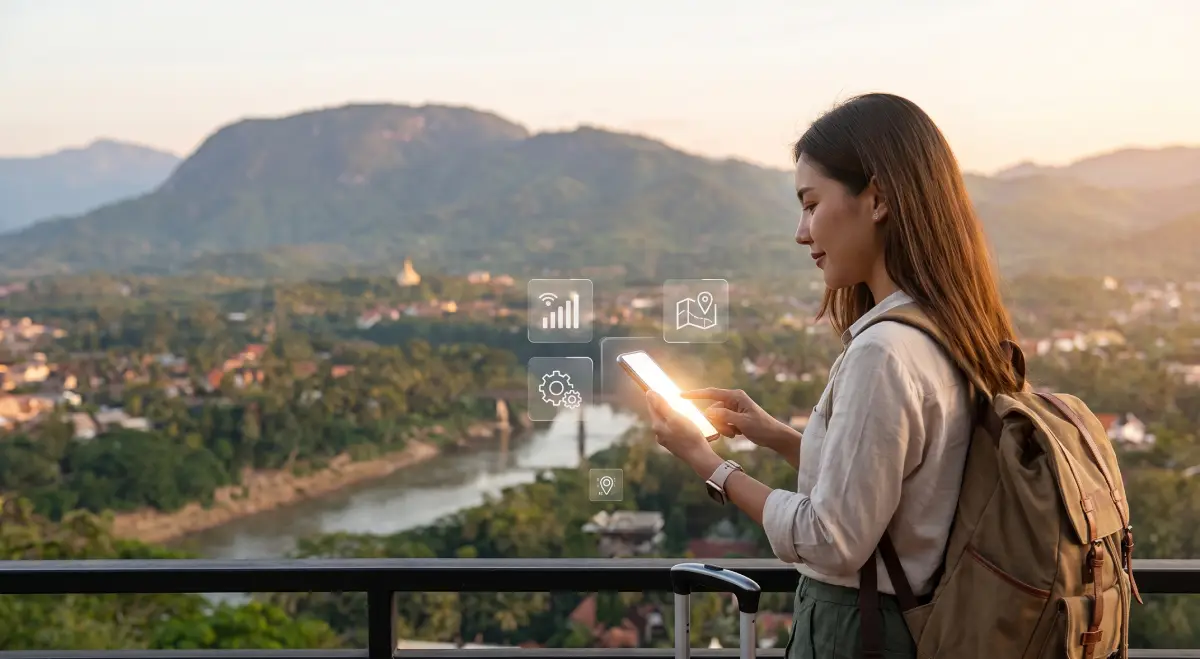 Traveler reviewing mobile connectivity on a smartphone at a scenic Laos viewpoint before continuing the trip.
