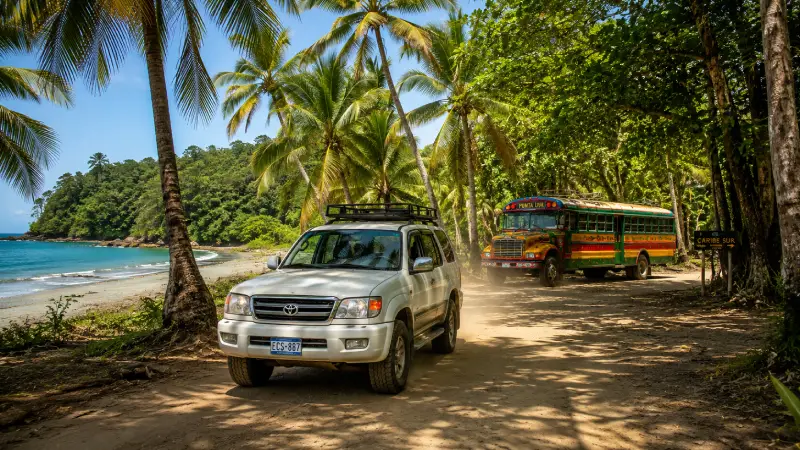 A 4x4 SUV driving on a dirt road in Costa Rica next to a local bus.