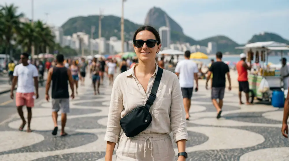 A safety-conscious tourist walking securely with a crossbody bag on Copacabana promenade.