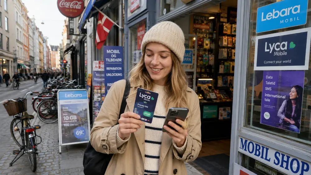 Turista comprando una tarjeta SIM prepago local en una tienda de conveniencia en Dinamarca.