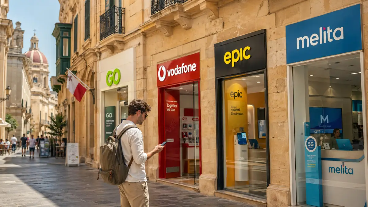 Traveler exploring local mobile operator options in Malta near telecom shops and urban streets.