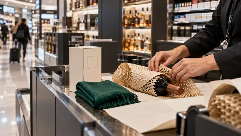 Shop assistant wraps a sealed wine bottle beside a boxed fragrance and a textile gift.