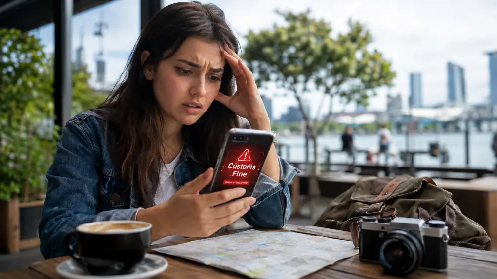 A female tourist anxiously examines a fake message on her hairy phone.
