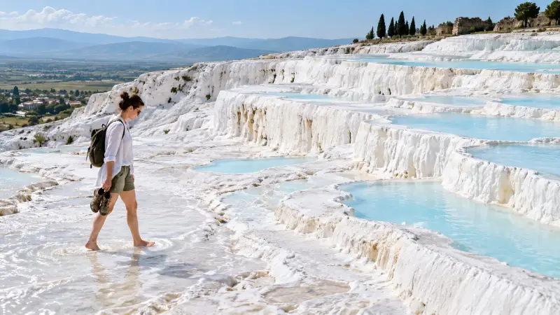 A barefoot visitor carrying shoes along a permitted route beside Pamukkale’s white travertines.
