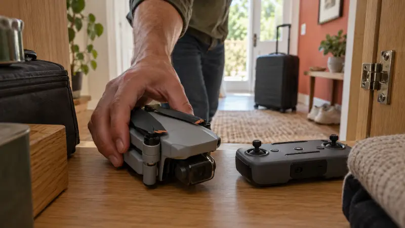 A traveller places a folded drone and controller in a home cabinet before leaving with a suitcase.