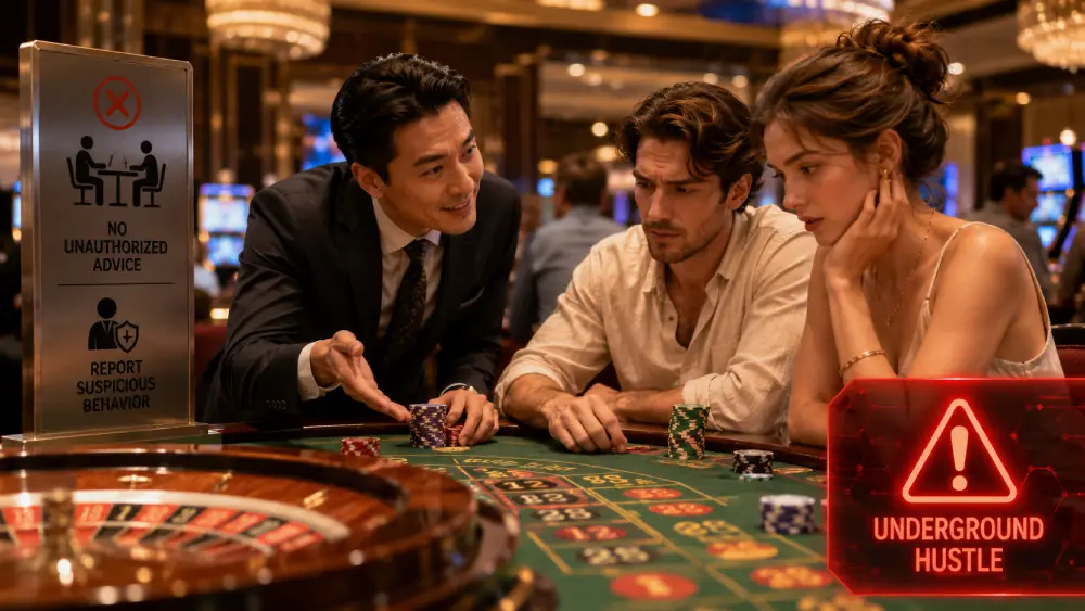 Sebuah foto close-up dari kasino mewah di Macau menunjukkan seorang penipu yang mencoba menipu pasangan wisatawan yang tidak curiga dengan taktik yang licik.