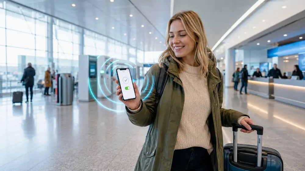 Traveler comparing SIM and eSIM options at Keflavík Airport in Iceland.