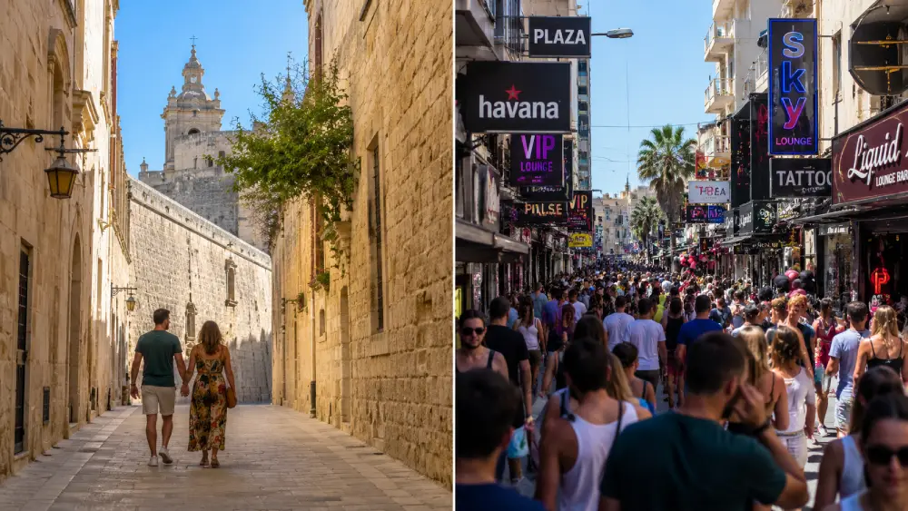 Una vista comparativa de las tranquilas calles de Mdina y el concurrido distrito de ocio nocturno de Paceville en Malta.