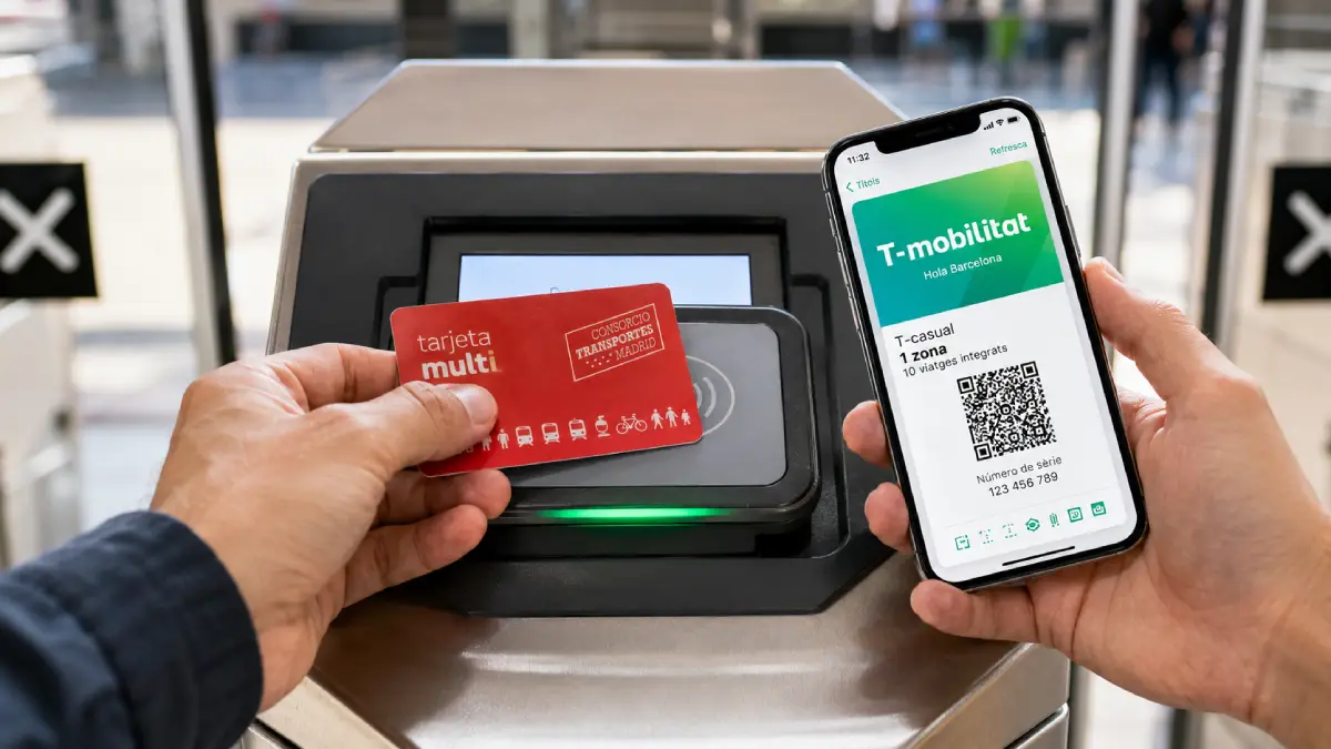 Split shot comparing a physical Madrid Tarjeta Multi card and a mobile wallet being tapped on a transport reader.