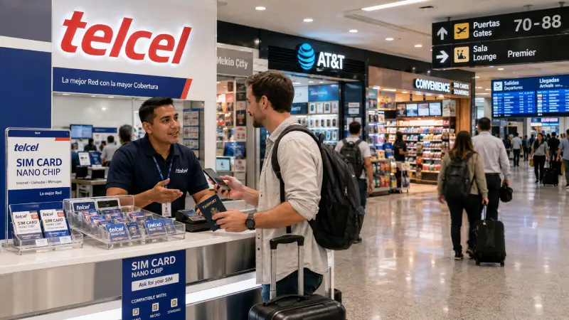Podróżny kupujący fizyczną kartę SIM Telcel w obsługiwanym punkcie na Międzynarodowym Lotnisku w Meksyku.
