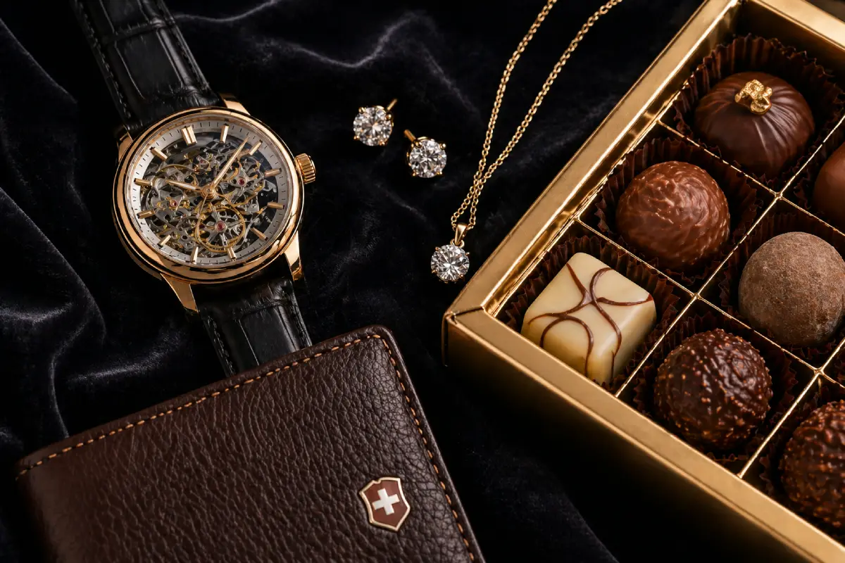 A luxurious Swiss watch, diamond jewelry, and a box of premium praline chocolates are displayed against a black velvet background.