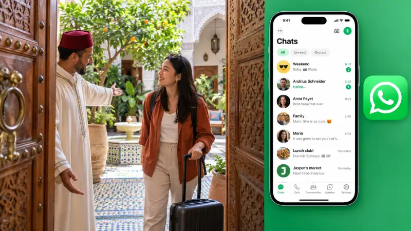 WhatsApp logo and official chat-list preview alongside an illustrative traveller arrival at a Moroccan riad.