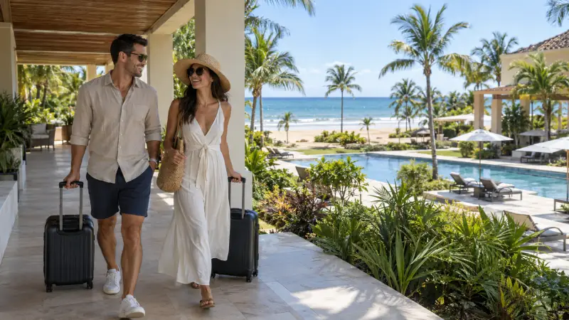 Couple arriving at a Pacific beach resort near Río Hato, with a pool and sandy shoreline beyond.