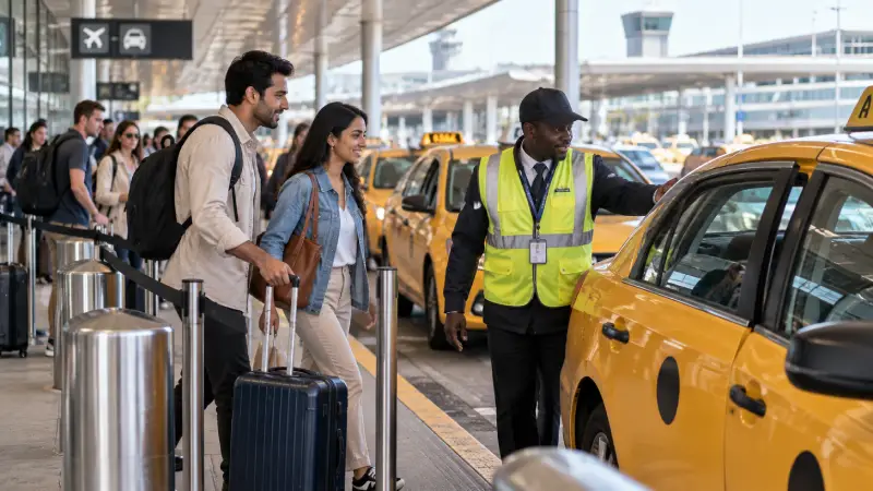 Travellers entering an organized taxi queue beside yellow cabs at an illustrative New York airport pickup area.