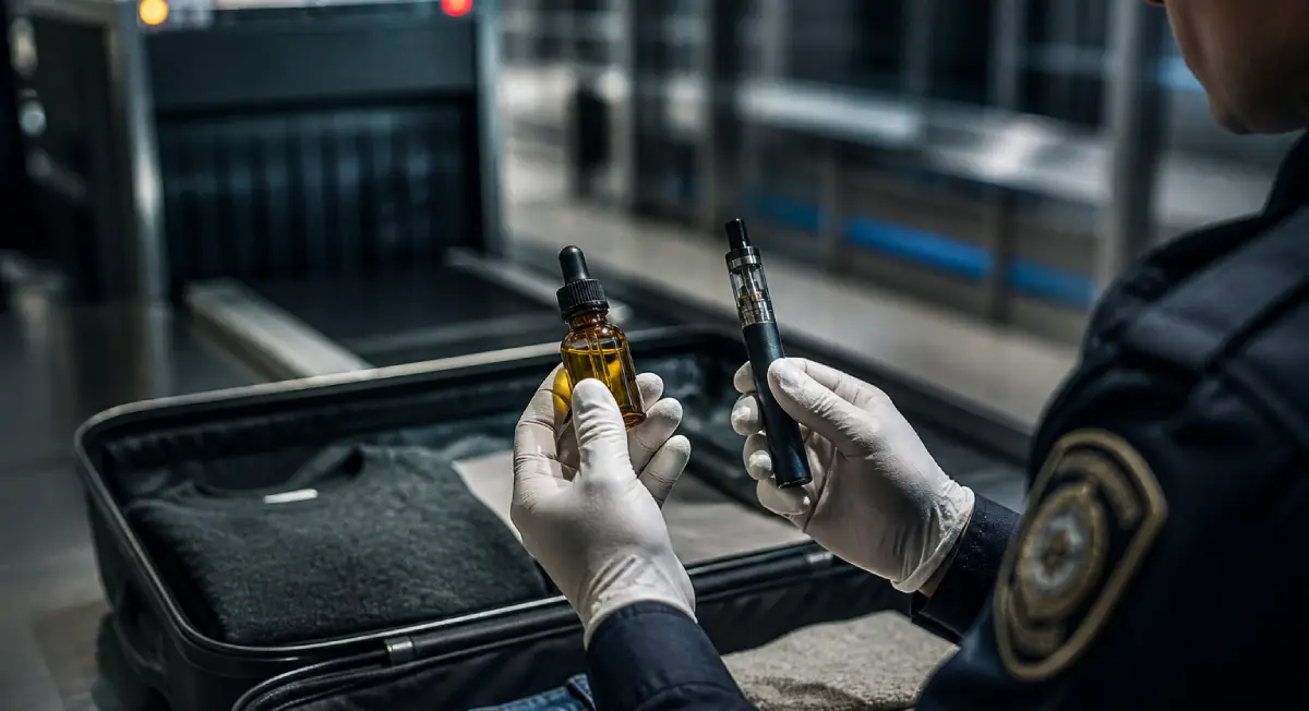 Słowacki urzędnik celny kontrolujący bagaż i konfiskujący długopis do vapingu oraz olej CBD na lotnisku.