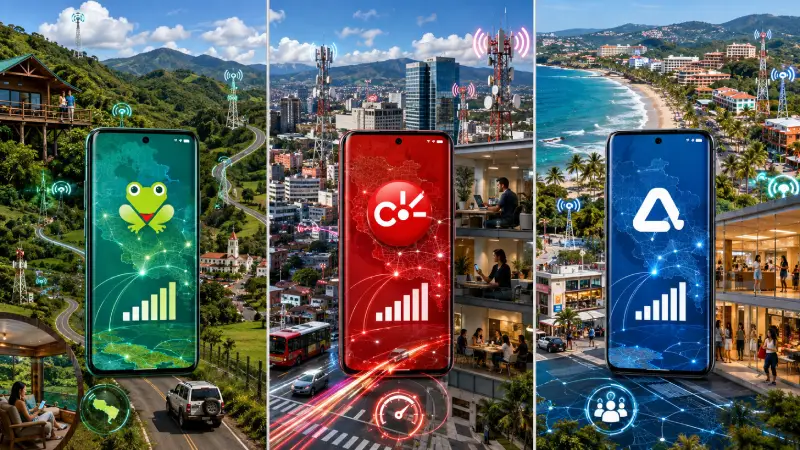 Texto alternativo Una comparación visual equilibrada de Kölbi, Claro y Liberty en carreteras rurales, zonas urbanas, corredores turísticos, espacios interiores y condiciones de red 4G y 5G.