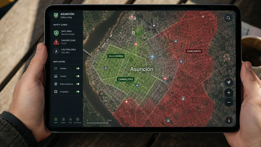 Una pantalla de tableta que muestra un mapa digital de Asunción con sombreado verde transparente para barrios seguros y sombreado rojo transparente para áreas peligrosas.
