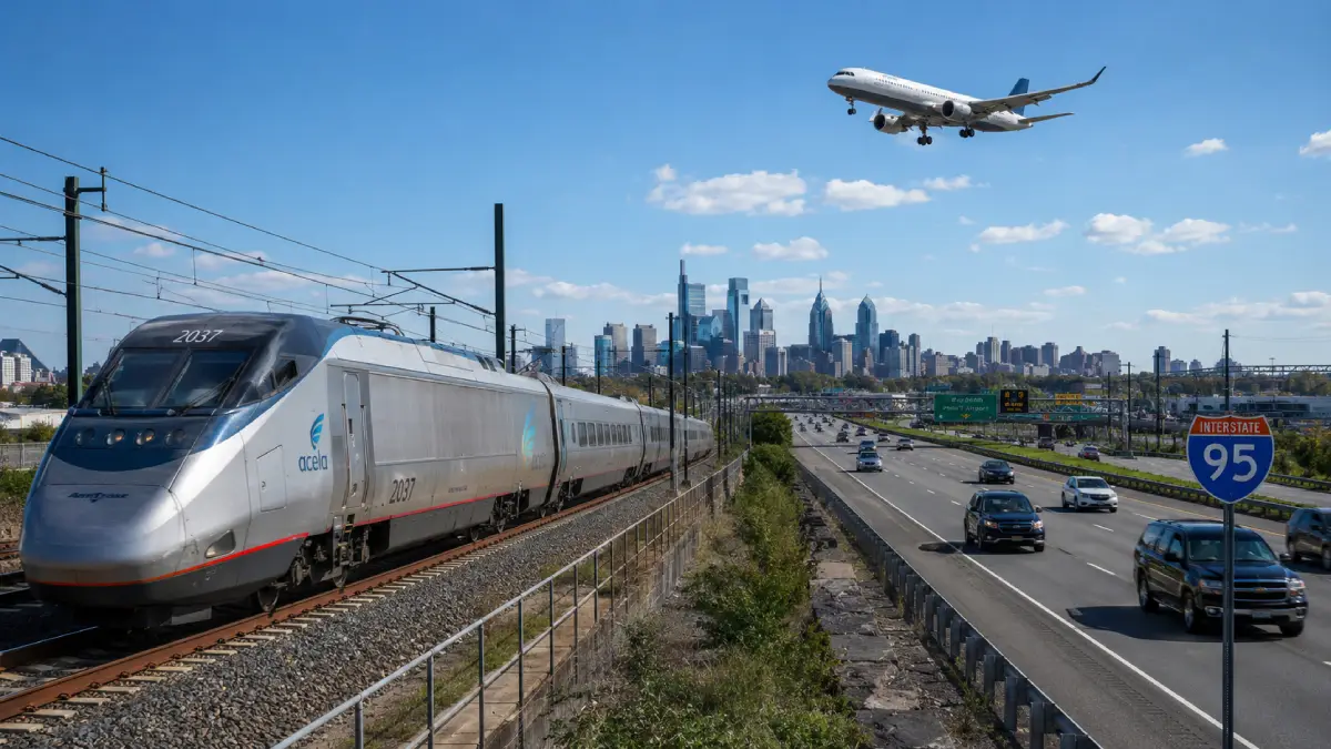 一幅平行视图，捕捉到一列快速的Amtrak Acela火车在费城外的高速公路旁行驶，而一架国内航班的飞机在蓝天背景下接近降落。