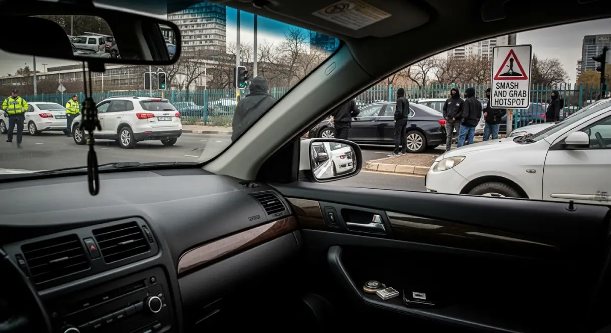 A gritty photo illustrating the risk of smash-and-grab theft in South Africa, showing a locked car in traffic near a warning sign.