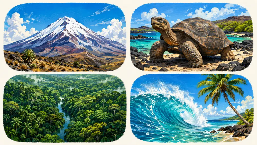 Four colorful, linear icons that represent Ecuador's microclimates and geography: the Andes Mountains, the Galapagos, the Amazon, and the Coast.