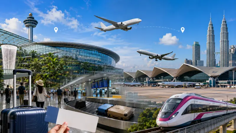 Passenger flight connecting Singapore Changi Airport with Kuala Lumpur International Airport.