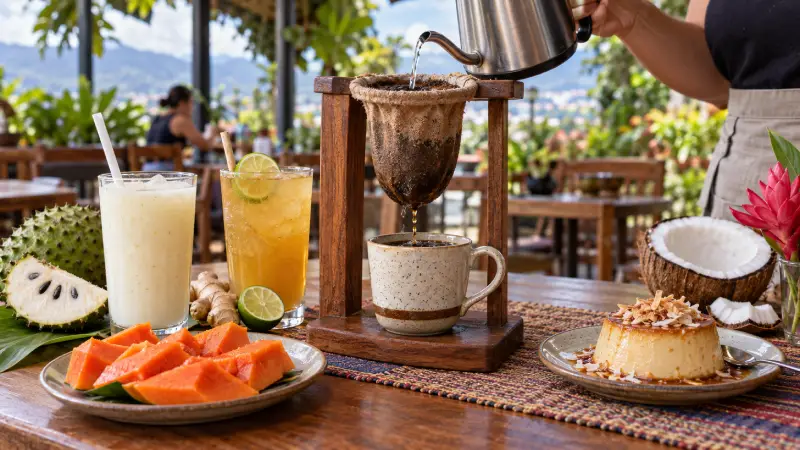 Caf&eacute; sendo coado em um chorreador costa-riquenho ao lado de bebidas de frutas e flan de coco.