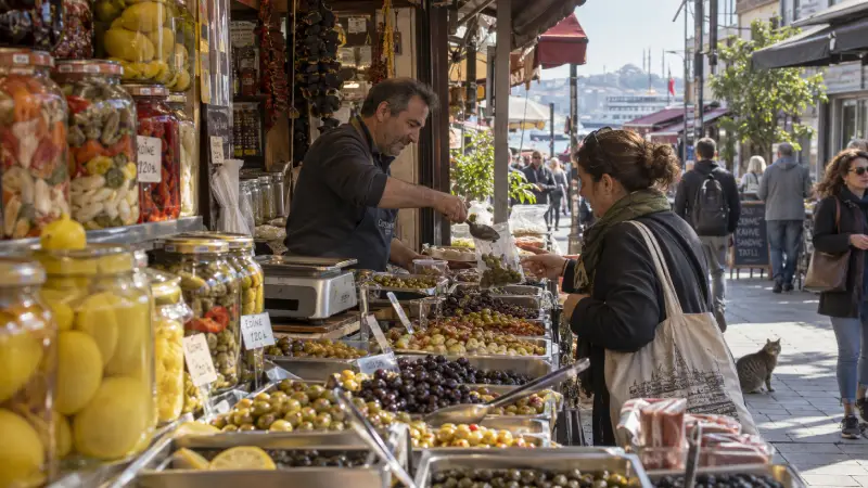 A vendor serving a customer beside olives and pickle jars in Istanbul’s Kadıköy market.