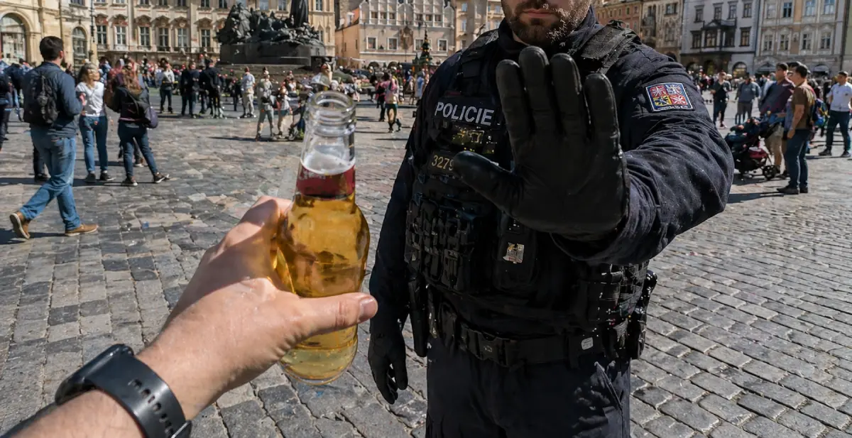 Policjant zatrzymujący turystę przed piciem otwartego piwa na Starym Mieście w Pradze.