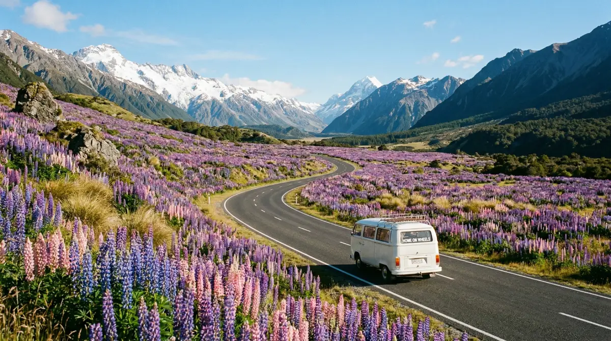 A picturesque road trip scene in the South Island of New Zealand