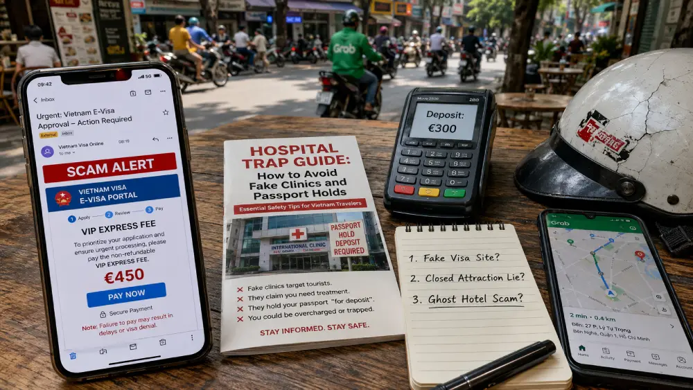 A close-up photograph of a smartphone and notepad, detailing several tourist scams common in Vietnam in 2026, including fake E-visa sites and ghost hotel scams.