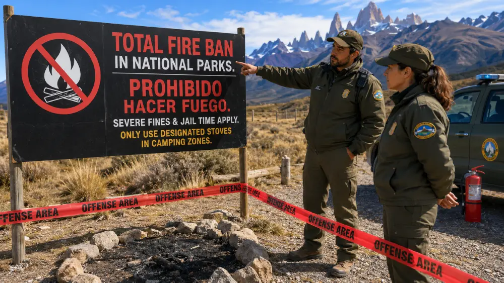 Una poderosa foto de guardaparques haciendo cumplir una prohibición total de fuego en la Patagonia, junto a un gran cartel que advierte de fuertes multas y penas de cárcel por fogatas no autorizadas cerca del Parque Nacional Los Glaciares.