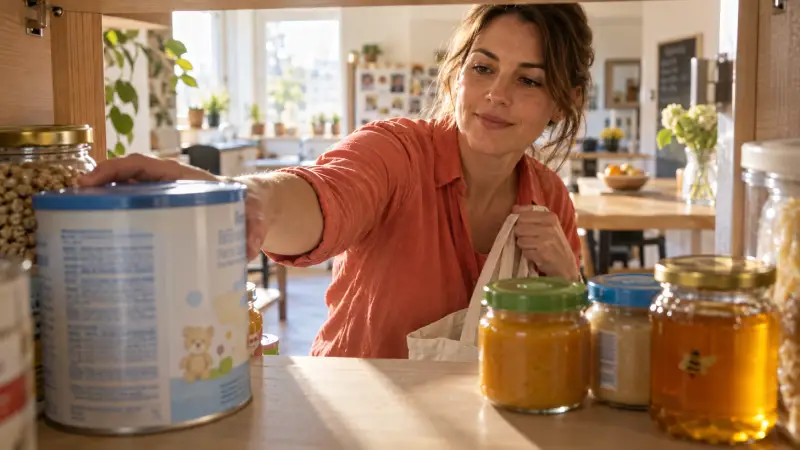 旅行用品を準備するため、密封されたベビーフードの瓶と蜂蜜のそばで乳児用ミルクに手を伸ばす親。