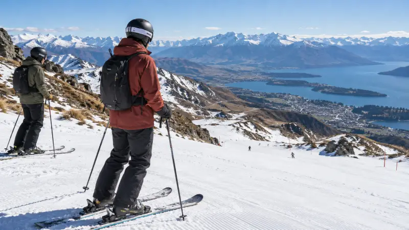 Des skieurs sur une piste printanière en Nouvelle-Zélande, avec des pistes enneigées, un terrain découvert à basse altitude et une vue distincte d’une ville au bord d’un lac.