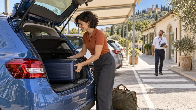 Putnik smešta kabinski kofer u prtljažnik kompaktnog iznajmljenog automobila na mestu preuzimanja u Italiji.