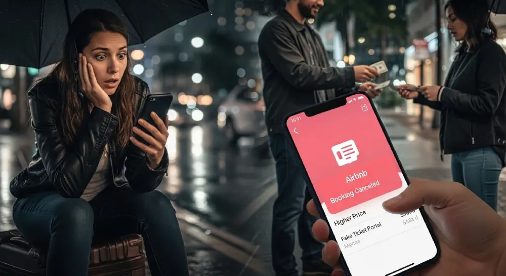 A gritty photo illustrating accommodation and ticketing scams, showing a tourist with a canceled Airbnb booking and a man trading a fake physical ticket.