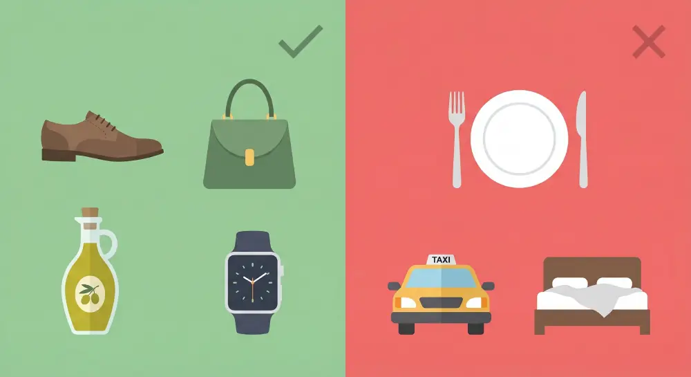 Flat design infographic comparing eligible tax-free shopping items in Italy versus non-eligible services.