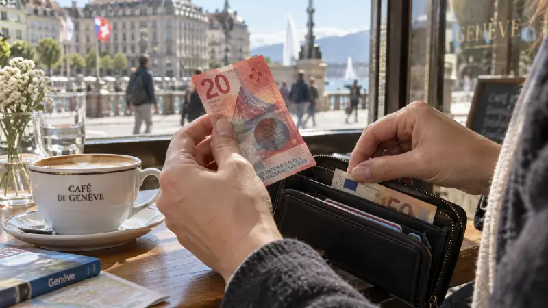 Traveler separating Swiss francs from leftover euros beside a café window in Geneva.