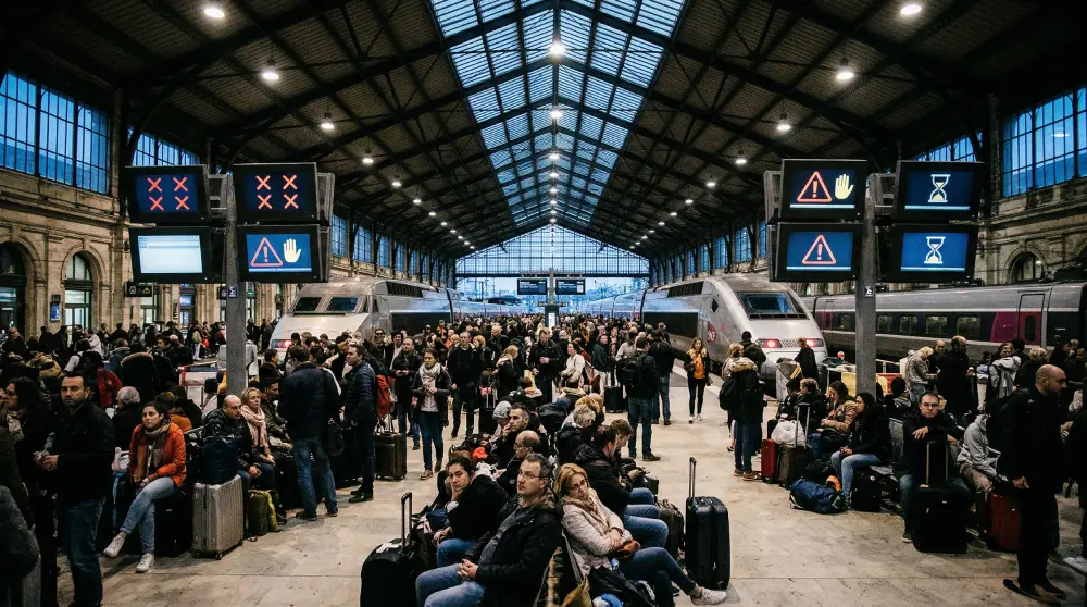 A dramatic photograph showing a crowded Paris train station during a major rail strike, with canceled trains and stranded passengers.