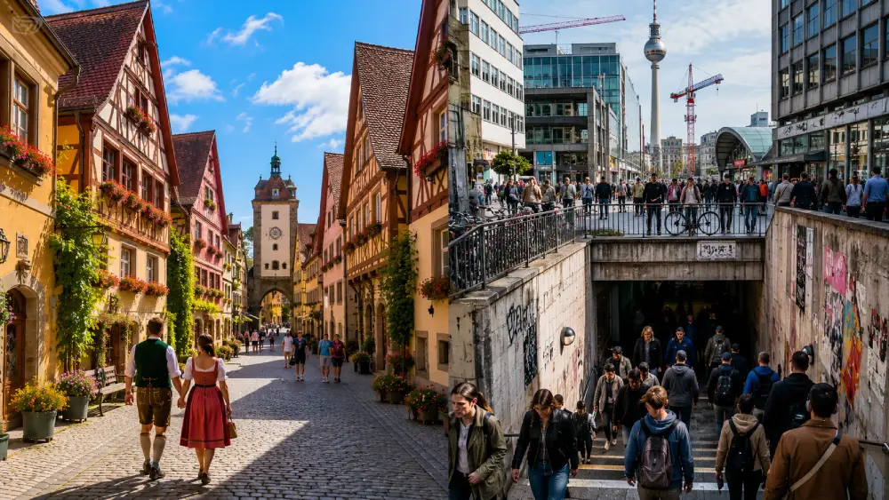 A visual contrast between a peaceful, historic German street and a busy, modern train station entrance.