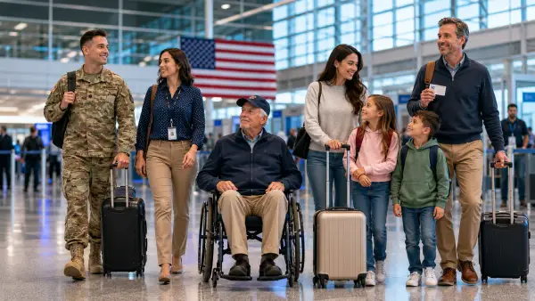Military members, eligible veterans, government employees, families, and trusted travelers who may receive TSA PreCheck benefits.