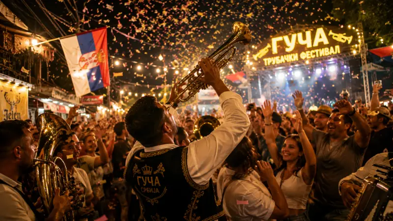 Ein energiegeladenes Foto, das die festliche Atmosphäre beim Guča-Trompetenfestival einfängt