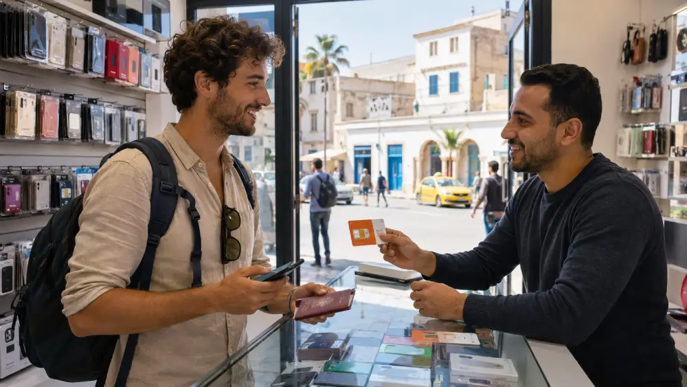 Tourist kauft in Tunesien eine lokale Prepaid-SIM-Karte in einem Mobilfunkladen.